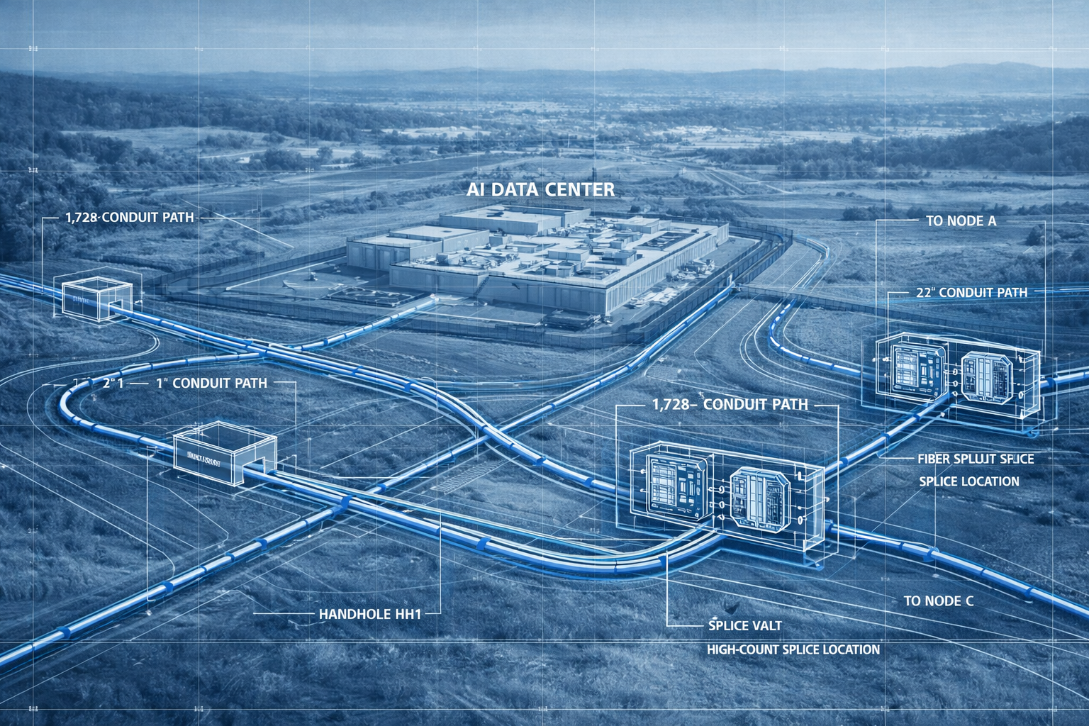 Blueprint diagram of AI data center showing diverse 1,728-count conduit paths, splice vaults, handholes, and multiple node connections