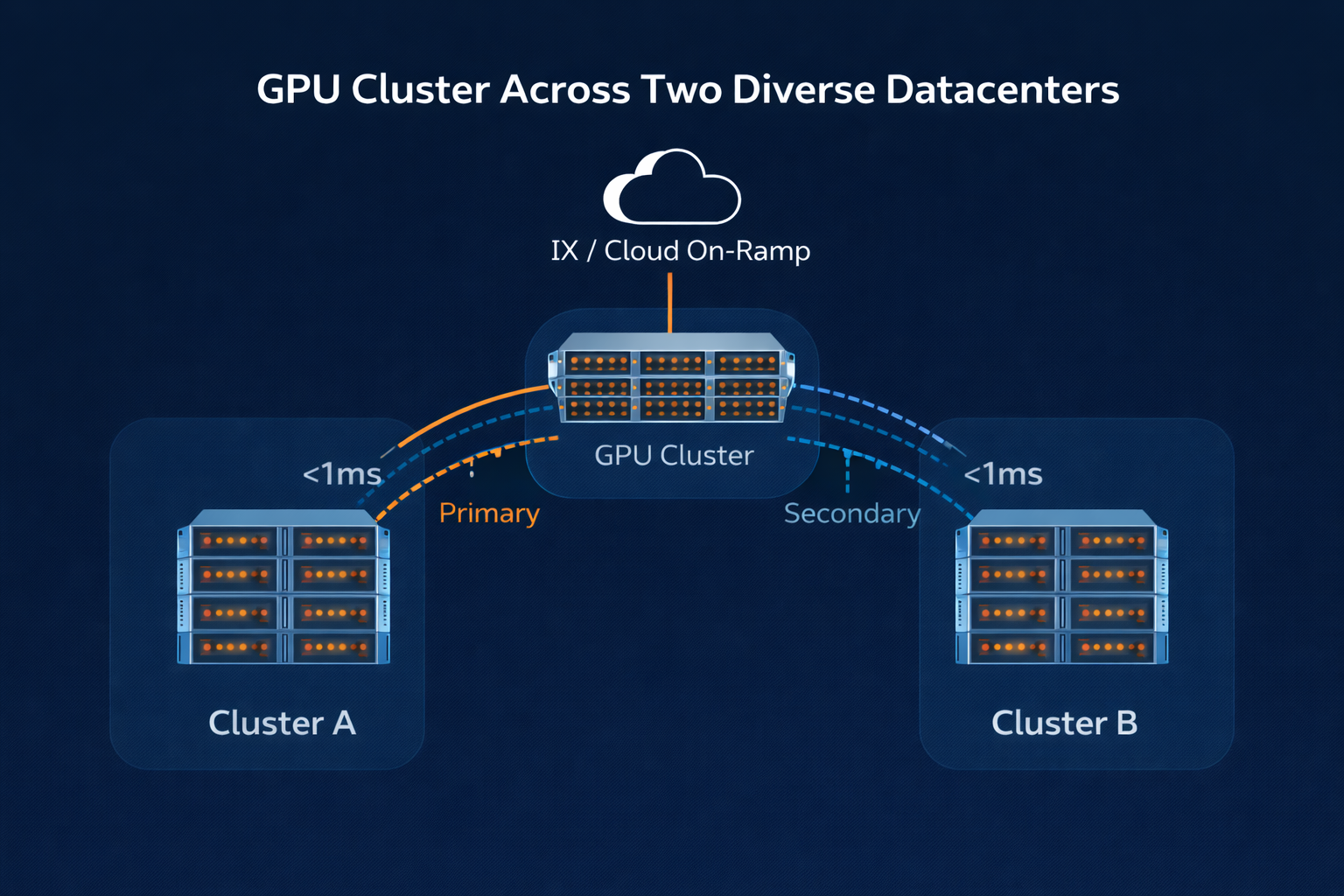 GPU Cluster across two diverse datacenters showing Cluster A and Cluster B connected via primary and secondary paths through IX/Cloud On-Ramp with sub-1ms latency