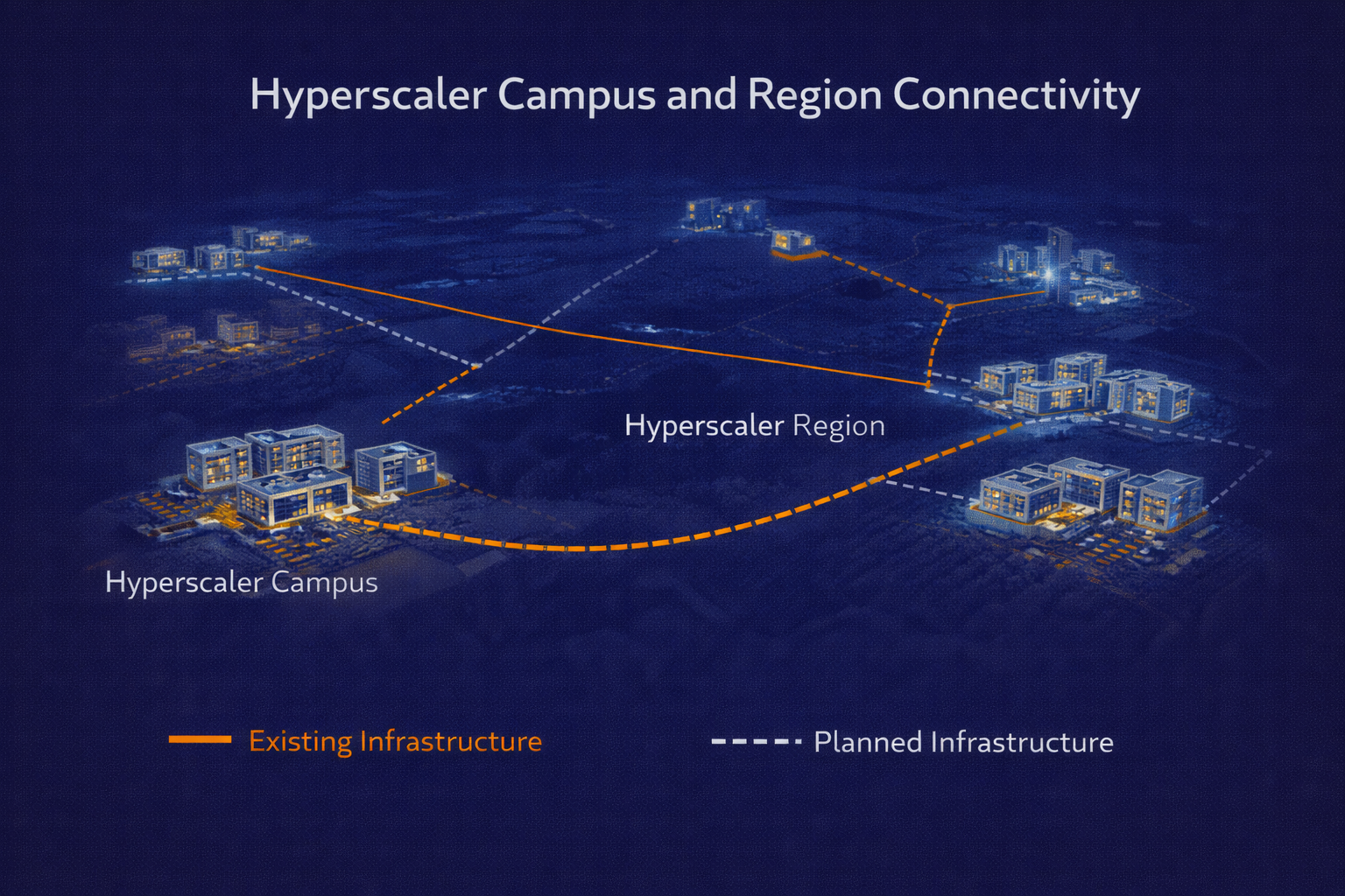 Hyperscaler Campus and Region Connectivity showing multiple data center campuses connected via existing and planned fiber infrastructure